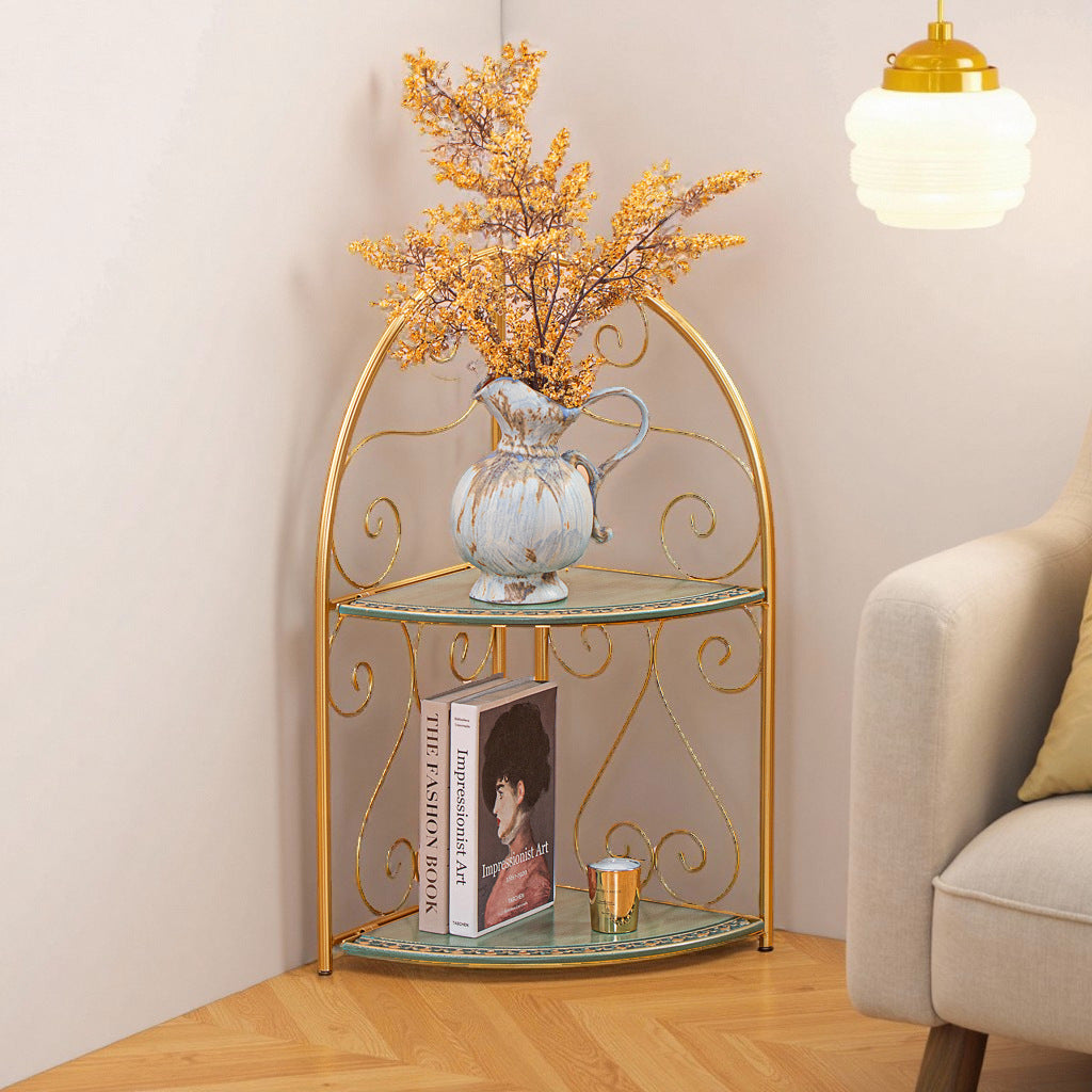 Traditional Vintage Triangular MDF Iron Foldable Side Table 2-Tier For Living Room