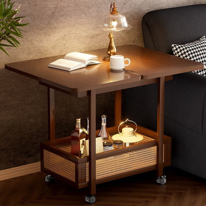Traditional Vintage Rectangular Nan Bamboo MDF Plastic Weaving Movable Extendable Side Table 2-Tier For Living Room