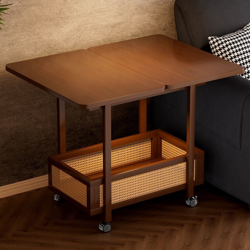 Traditional Vintage Rectangular Nan Bamboo MDF Plastic Weaving Movable Extendable Side Table 2-Tier For Living Room