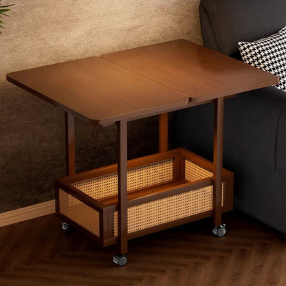 Traditional Vintage Rectangular Nan Bamboo MDF Plastic Weaving Movable Extendable Side Table 2-Tier For Living Room