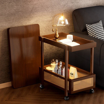 Traditional Vintage Rectangular Nan Bamboo MDF Plastic Weaving Movable Extendable Side Table 2-Tier For Living Room