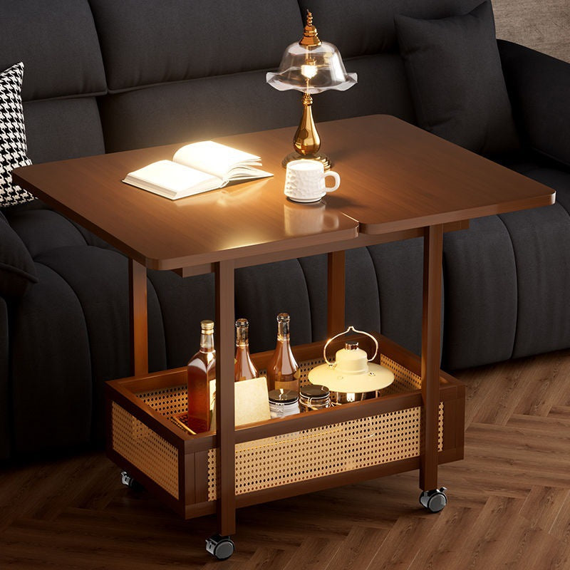 Traditional Vintage Rectangular Nan Bamboo MDF Plastic Weaving Movable Extendable Side Table 2-Tier For Living Room