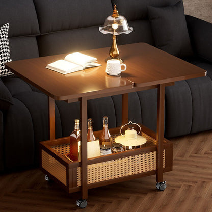 Traditional Vintage Rectangular Nan Bamboo MDF Plastic Weaving Movable Extendable Side Table 2-Tier For Living Room