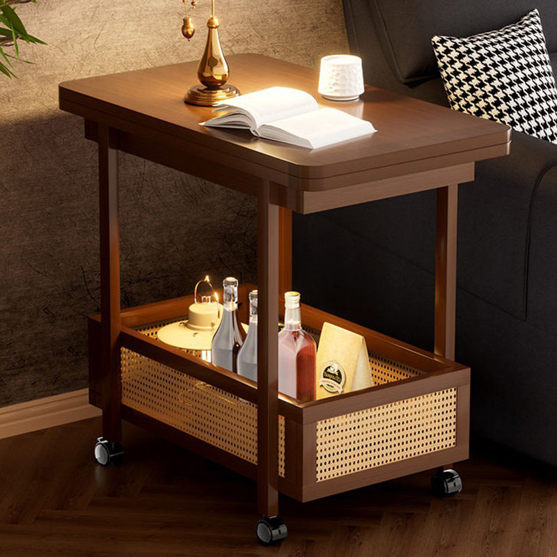 Traditional Vintage Rectangular Nan Bamboo MDF Plastic Weaving Movable Extendable Side Table 2-Tier For Living Room