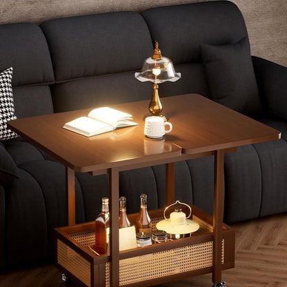 Traditional Vintage Rectangular Nan Bamboo MDF Plastic Weaving Movable Extendable Side Table 2-Tier For Living Room