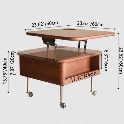 Traditional Vintage Square Finger-Jointed Solid Wood Panel Stainless Steel Movable Height Adjustable Coffee Table 2-Tier For Living Room