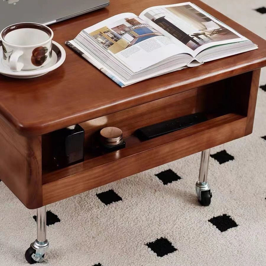 Traditional Vintage Square Finger-Jointed Solid Wood Panel Stainless Steel Movable Height Adjustable Coffee Table 2-Tier For Living Room