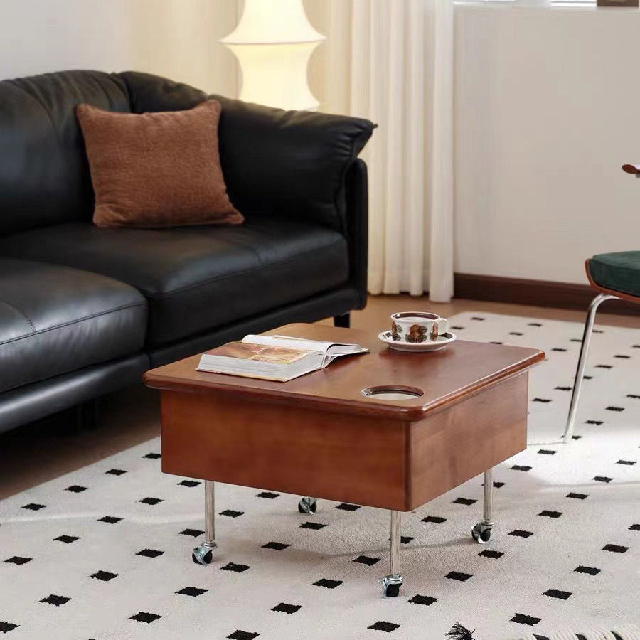 Traditional Vintage Square Finger-Jointed Solid Wood Panel Stainless Steel Movable Height Adjustable Coffee Table 2-Tier For Living Room