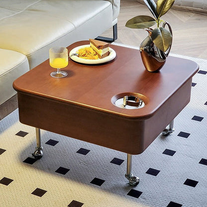 Traditional Vintage Square Finger-Jointed Solid Wood Panel Stainless Steel Movable Height Adjustable Coffee Table 2-Tier For Living Room