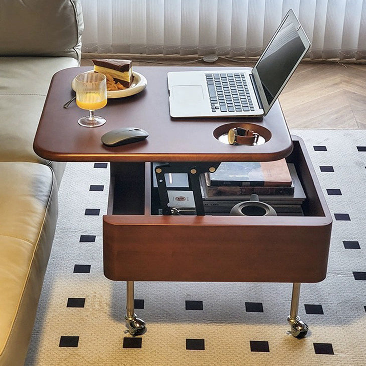 Traditional Vintage Square Finger-Jointed Solid Wood Panel Stainless Steel Movable Height Adjustable Coffee Table 2-Tier For Living Room