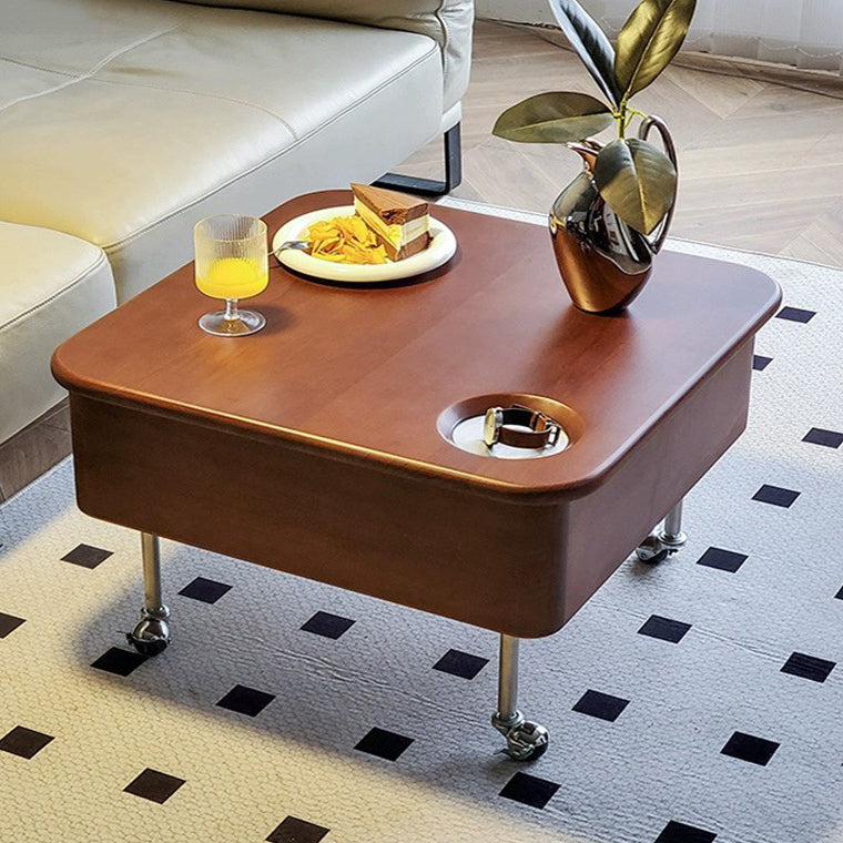 Traditional Vintage Square Finger-Jointed Solid Wood Panel Stainless Steel Movable Height Adjustable Coffee Table 2-Tier For Living Room