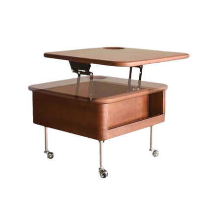 Traditional Vintage Square Finger-Jointed Solid Wood Panel Stainless Steel Movable Height Adjustable Coffee Table 2-Tier For Living Room