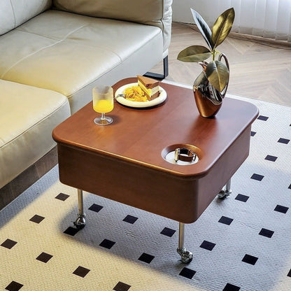 Traditional Vintage Square Finger-Jointed Solid Wood Panel Stainless Steel Movable Height Adjustable Coffee Table 2-Tier For Living Room
