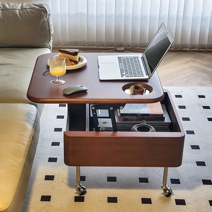Traditional Vintage Square Finger-Jointed Solid Wood Panel Stainless Steel Movable Height Adjustable Coffee Table 2-Tier For Living Room