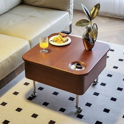 Traditional Vintage Square Finger-Jointed Solid Wood Panel Stainless Steel Movable Height Adjustable Coffee Table 2-Tier For Living Room