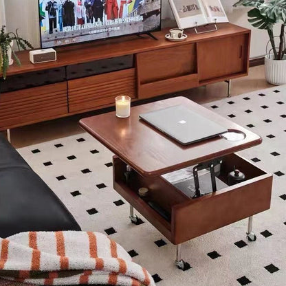 Traditional Vintage Square Finger-Jointed Solid Wood Panel Stainless Steel Movable Height Adjustable Coffee Table 2-Tier For Living Room