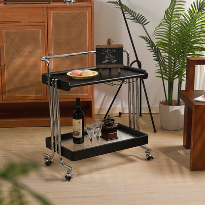 Modern Minimalist Rectangular Rubberwood Glass Stainless Steel Movable Side Table 2-Tier For Living Room