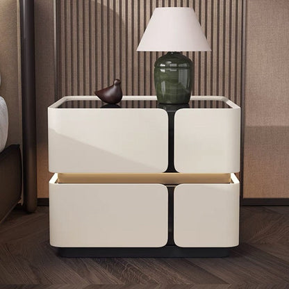 Contemporary Scandinavian Square Glass Microfiber Leather Pine Wood MDF Solid Wood Multi-layer Board Nightstand 2-Drawer For Bedroom
