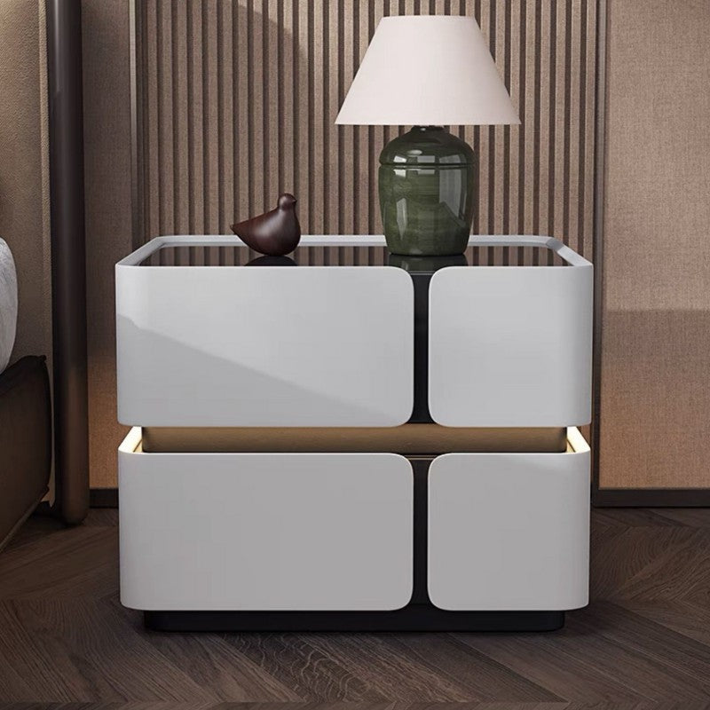 Contemporary Scandinavian Square Glass Microfiber Leather Pine Wood MDF Solid Wood Multi-layer Board Nightstand 2-Drawer For Bedroom