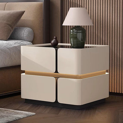 Contemporary Scandinavian Square Glass Microfiber Leather Pine Wood MDF Solid Wood Multi-layer Board Nightstand 2-Drawer For Bedroom