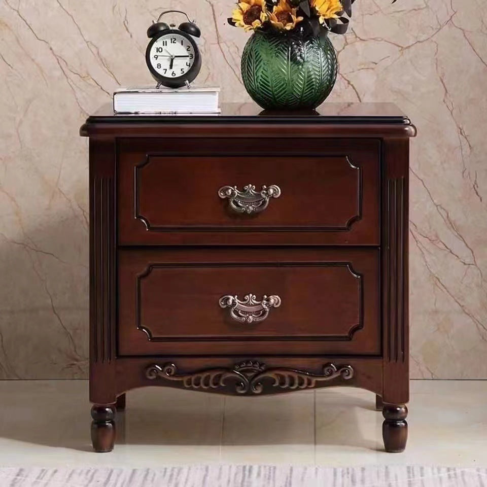 Traditional Vintage Rectangular Solid Wood MDF Nightstand 2-Drawer For Bedroom