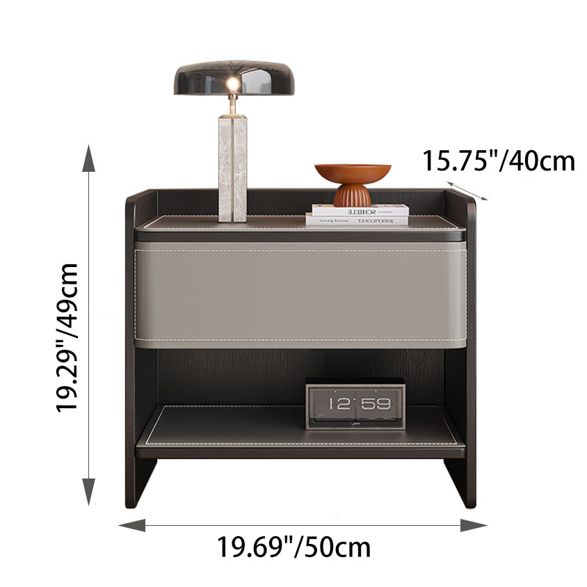 Modern Minimalist Square Solid Wood Multi-layer Board Saddle Leather Pine Wood Nightstand 1-Drawer For Bedroom