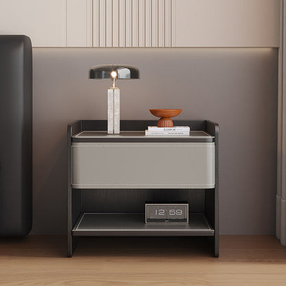 Modern Minimalist Square Solid Wood Multi-layer Board Saddle Leather Pine Wood Nightstand 1-Drawer For Bedroom