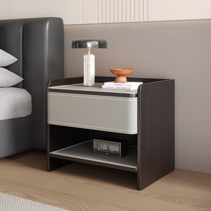 Modern Minimalist Square Solid Wood Multi-layer Board Saddle Leather Pine Wood Nightstand 1-Drawer For Bedroom