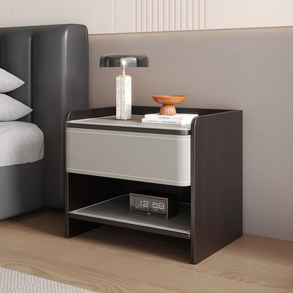 Modern Minimalist Square Solid Wood Multi-layer Board Saddle Leather Pine Wood Nightstand 1-Drawer For Bedroom