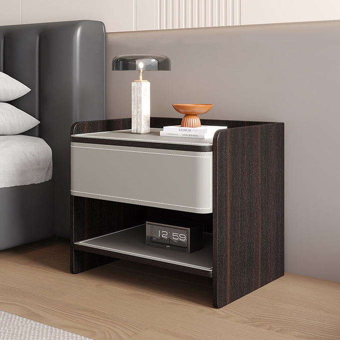 Modern Minimalist Square Solid Wood Multi-layer Board Saddle Leather Pine Wood Nightstand 1-Drawer For Bedroom