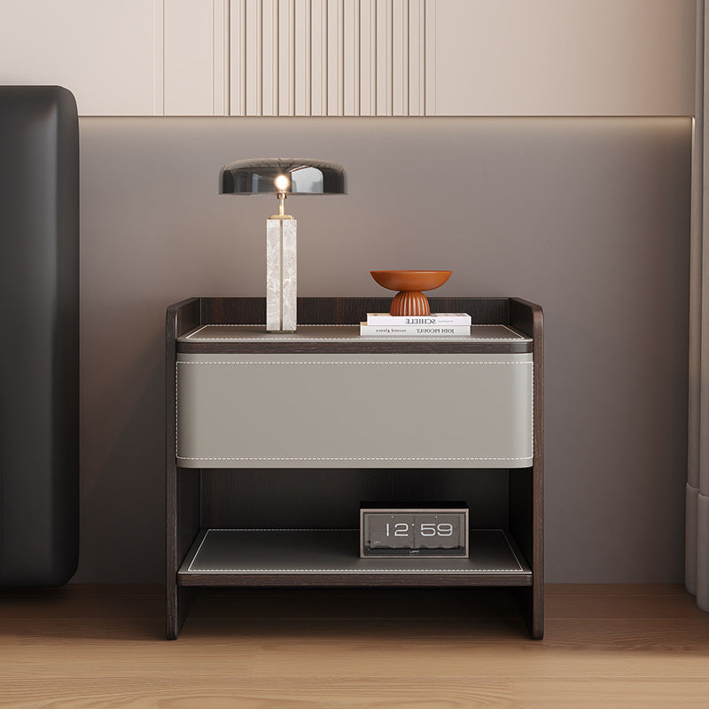 Modern Minimalist Square Solid Wood Multi-layer Board Saddle Leather Pine Wood Nightstand 1-Drawer For Bedroom