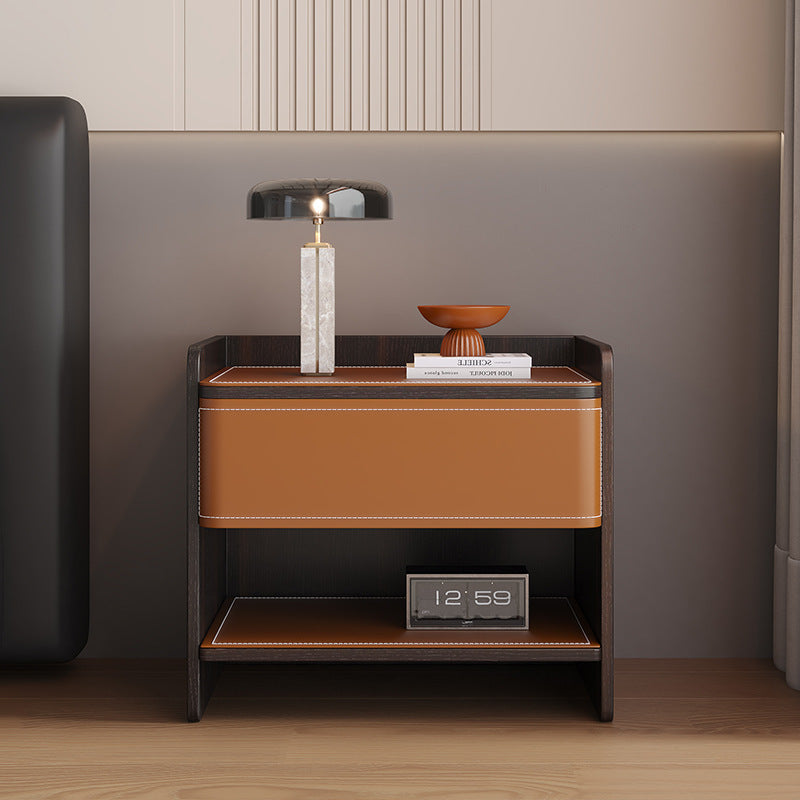 Modern Minimalist Square Solid Wood Multi-layer Board Saddle Leather Pine Wood Nightstand 1-Drawer For Bedroom