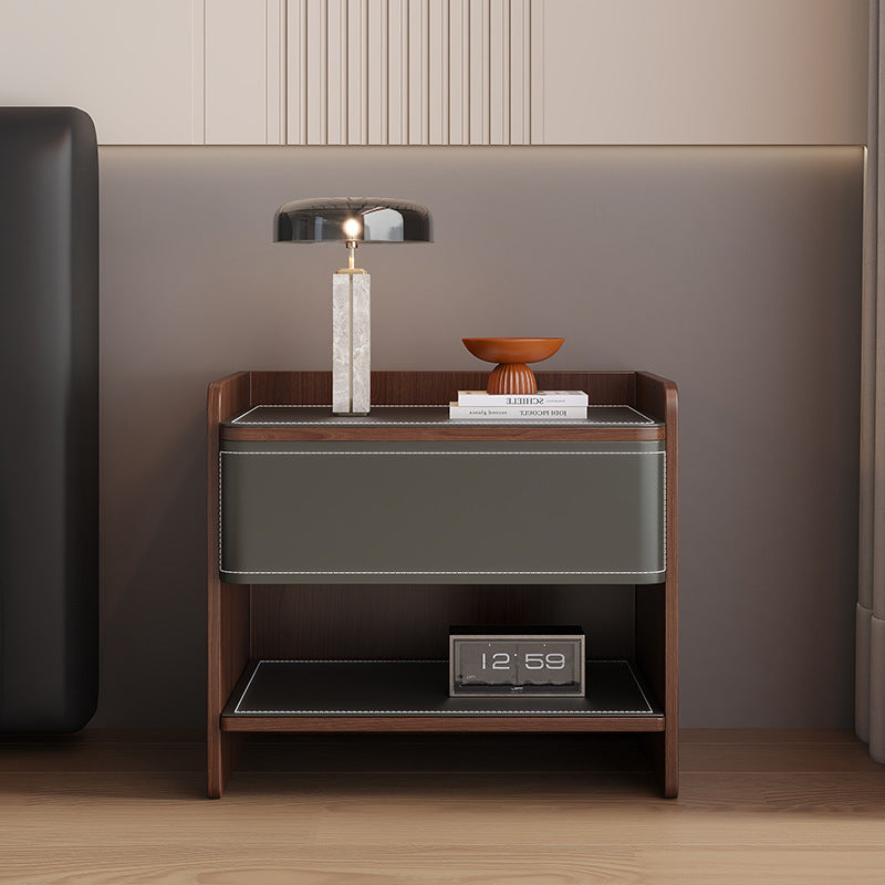 Modern Minimalist Square Solid Wood Multi-layer Board Saddle Leather Pine Wood Nightstand 1-Drawer For Bedroom