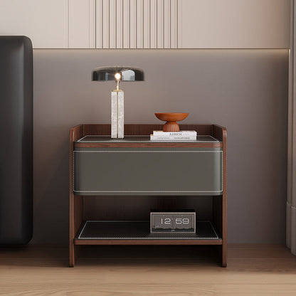 Modern Minimalist Square Solid Wood Multi-layer Board Saddle Leather Pine Wood Nightstand 1-Drawer For Bedroom