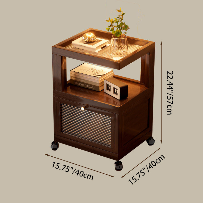 Traditional Vintage Square Glass Bamboo Movable Nightstand 1-Cabinet For Bedroom