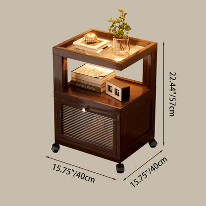 Traditional Vintage Square Glass Bamboo Movable Nightstand 1-Cabinet For Bedroom