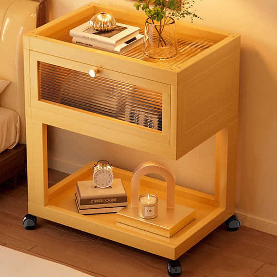 Traditional Vintage Square Glass Bamboo Movable Nightstand 1-Cabinet For Bedroom