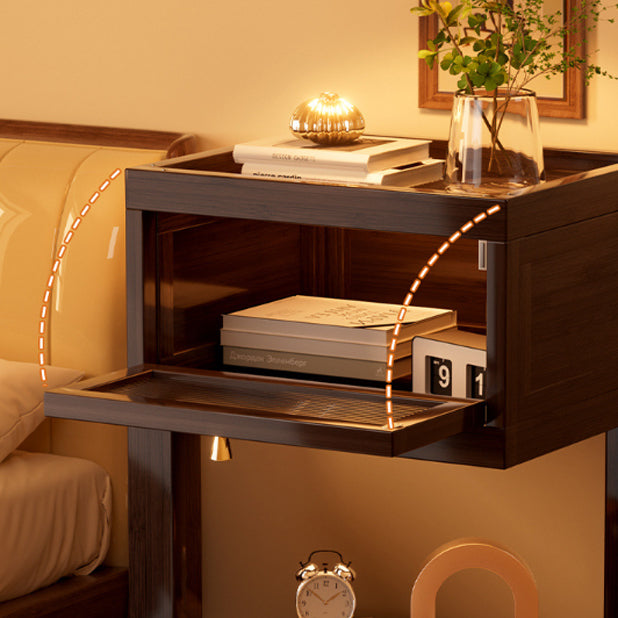 Traditional Vintage Square Glass Bamboo Movable Nightstand 1-Cabinet For Bedroom