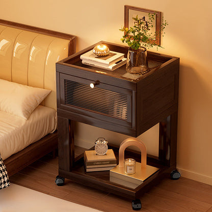 Traditional Vintage Square Glass Bamboo Movable Nightstand 1-Cabinet For Bedroom