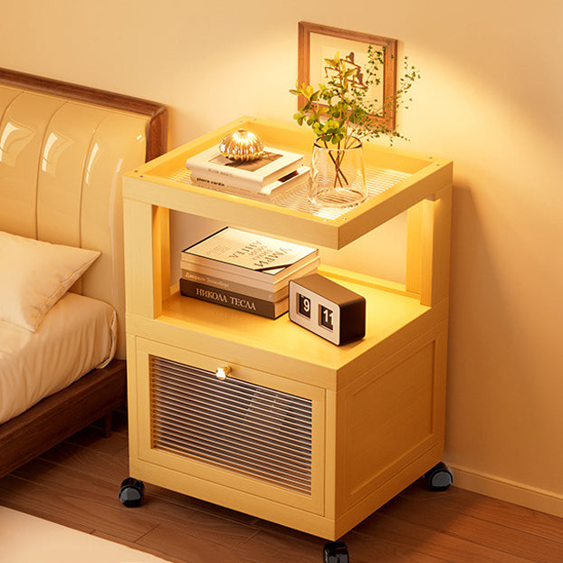 Traditional Vintage Square Glass Bamboo Movable Nightstand 1-Cabinet For Bedroom
