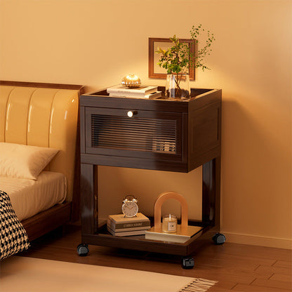 Traditional Vintage Square Glass Bamboo Movable Nightstand 1-Cabinet For Bedroom