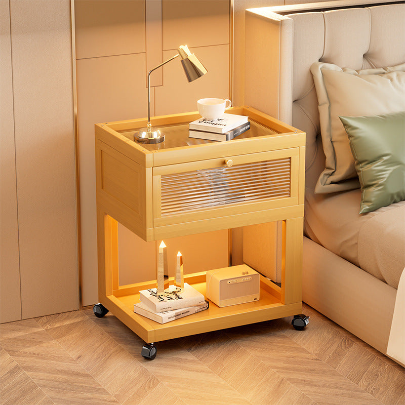 Traditional Vintage Square Glass Bamboo Movable Nightstand 1-Cabinet For Bedroom