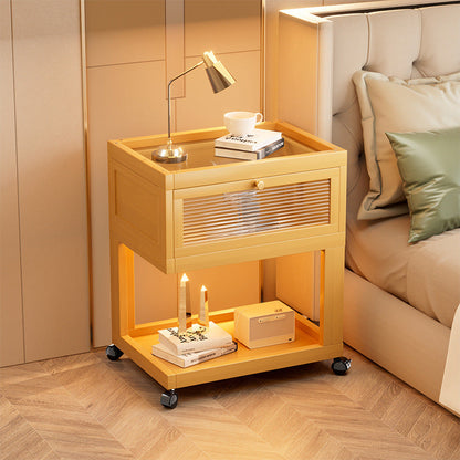Traditional Vintage Square Glass Bamboo Movable Nightstand 1-Cabinet For Bedroom