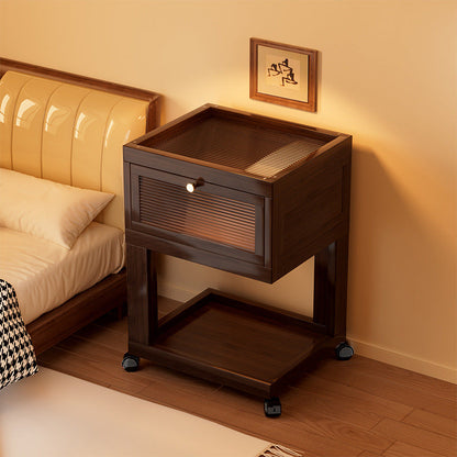Traditional Vintage Square Glass Bamboo Movable Nightstand 1-Cabinet For Bedroom