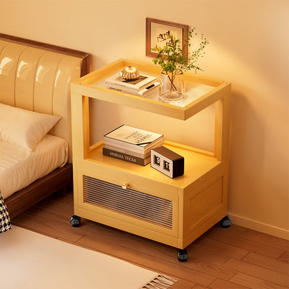 Traditional Vintage Square Glass Bamboo Movable Nightstand 1-Cabinet For Bedroom