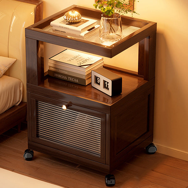 Traditional Vintage Square Glass Bamboo Movable Nightstand 1-Cabinet For Bedroom