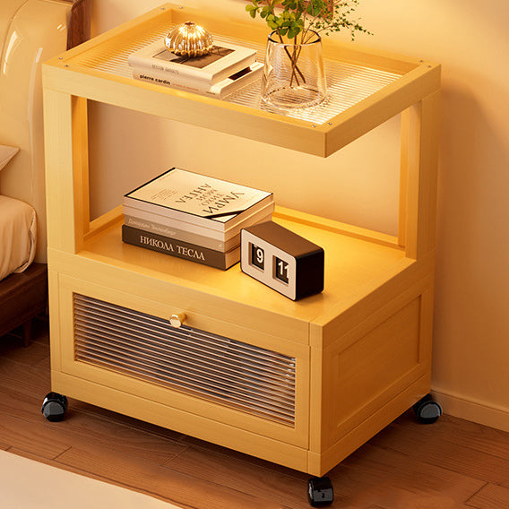 Traditional Vintage Square Glass Bamboo Movable Nightstand 1-Cabinet For Bedroom
