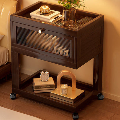 Traditional Vintage Square Glass Bamboo Movable Nightstand 1-Cabinet For Bedroom