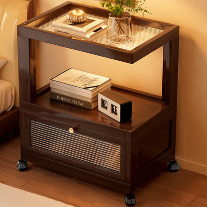 Traditional Vintage Square Glass Bamboo Movable Nightstand 1-Cabinet For Bedroom