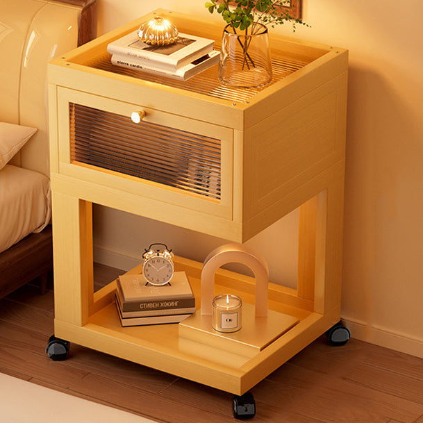 Traditional Vintage Square Glass Bamboo Movable Nightstand 1-Cabinet For Bedroom
